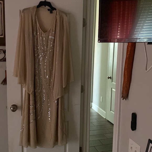 Women's Midnight Velvet Beige Dress with White, Silver, and Gold Embellishments - Picture 2 of 12